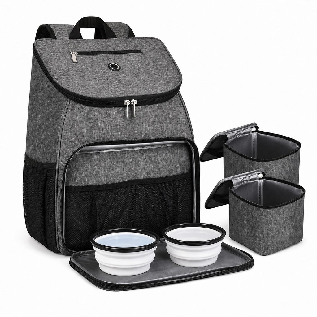 Tap2Own heather gray pet travel backpack with two insulated food containers, two collapsible bowls, and a mat.