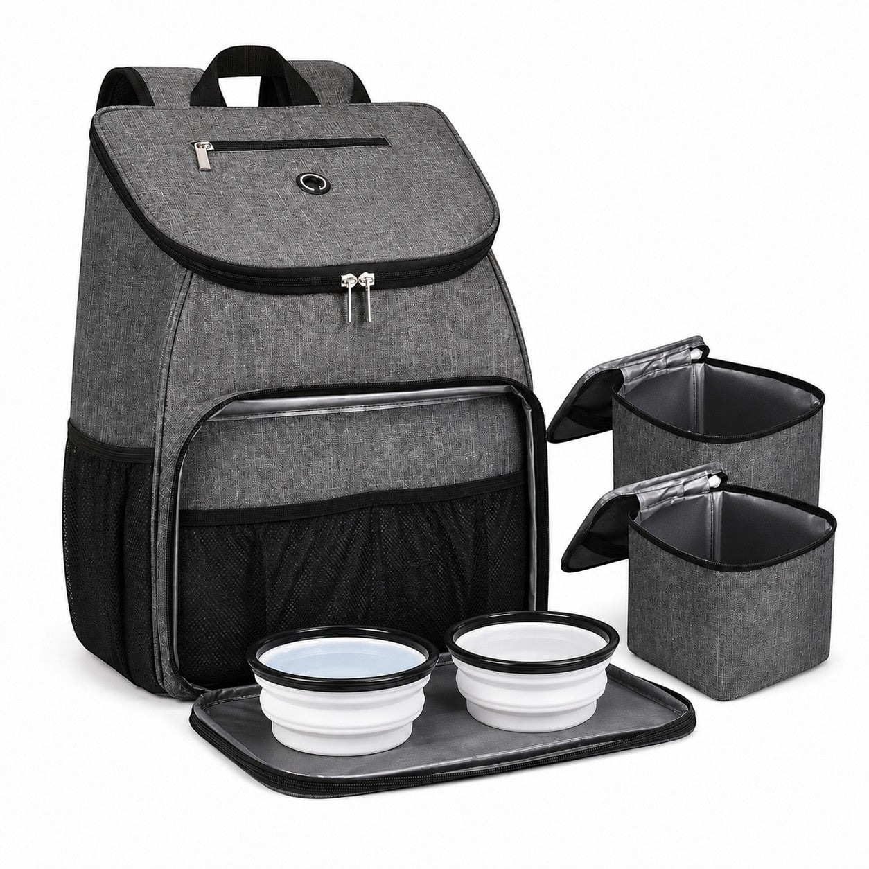 Tap2Own heather gray pet travel backpack with two insulated food containers, two collapsible bowls, and a mat.