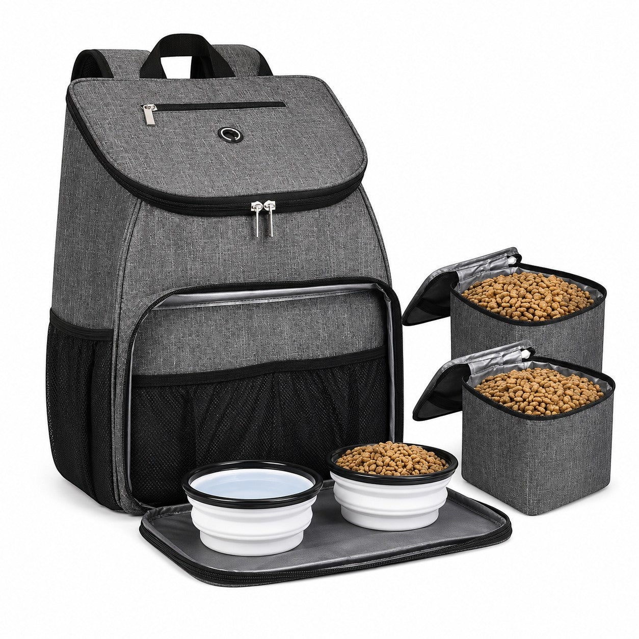 Tap2Own heather gray pet travel backpack with two food containers, two collapsible bowls, and a mat.