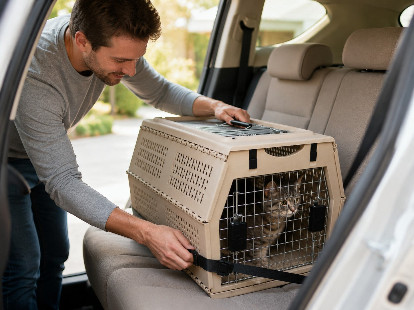 Tap2Own beige plastic pet travel carrier with metal door, secured in a car seat with a strap. A tabby cat looks out from inside.