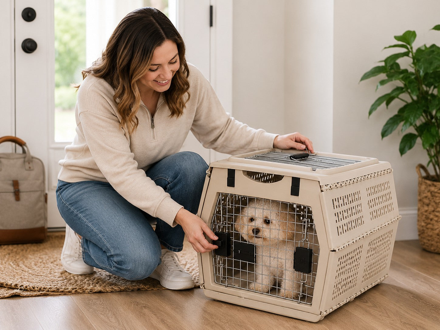 Tap2Own beige plastic pet travel carrier with secure latch and ventilation, holding a small white dog.