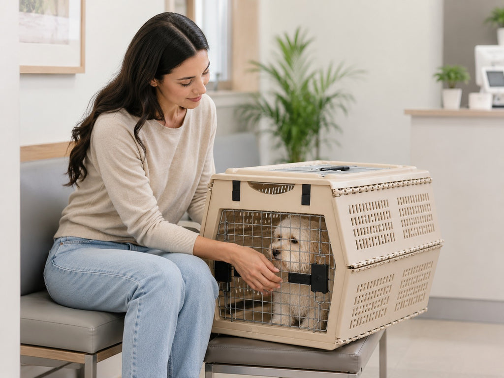 Tap2Own beige plastic pet travel carrier with wire door, holding a small golden puppy. Woman in jeans and sweater petting the puppy.