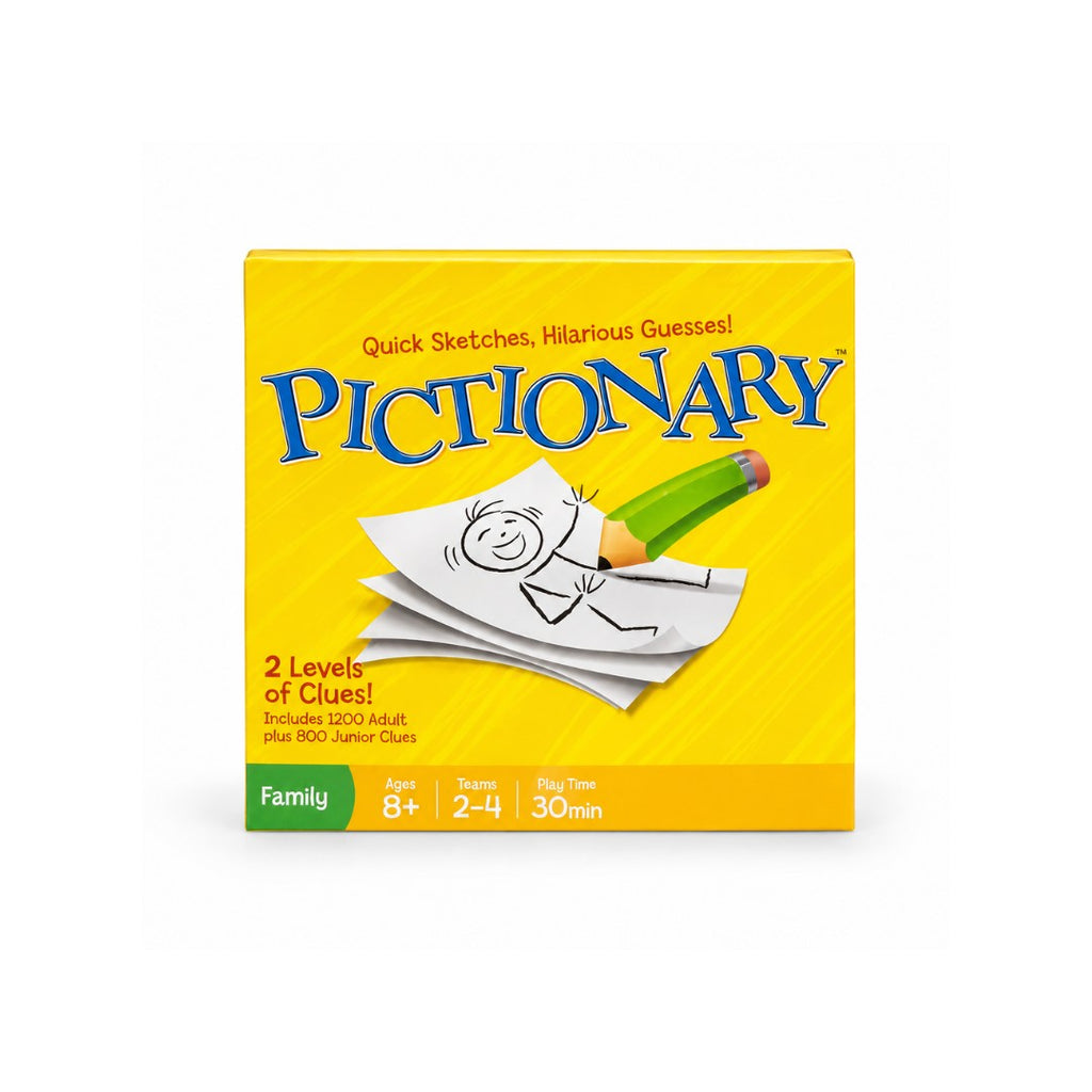 Tap2Own Pictionary Quick Sketches board game box with a drawing of a stick figure and a green pencil on paper.