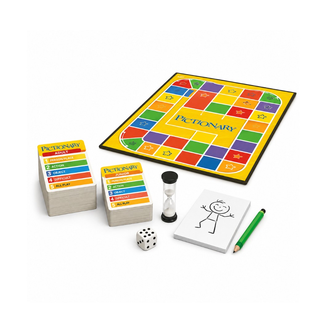 Tap2Own Pictionary Quick Sketches game board with colorful squares, adult and junior clue cards, hourglass timer, die, drawing pad, and green pencil.