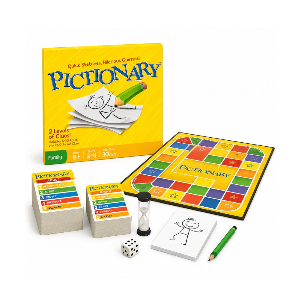 Tap2Own Pictionary Quick Sketches game box, board, clue cards, hourglass, die, and drawing pad with pencil.