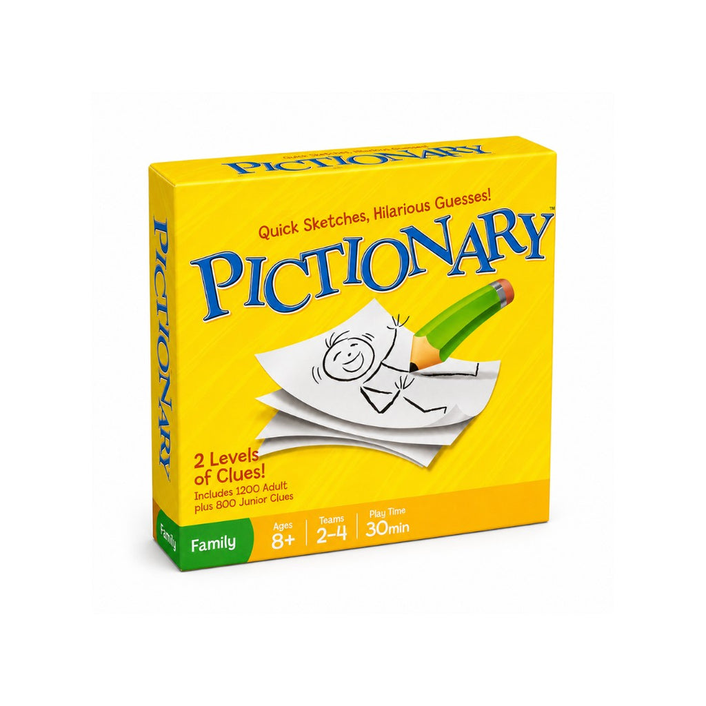 Tap2Own Pictionary Quick Sketches board game box, yellow with blue lettering, featuring a drawing of a stick figure on paper and a green pencil.