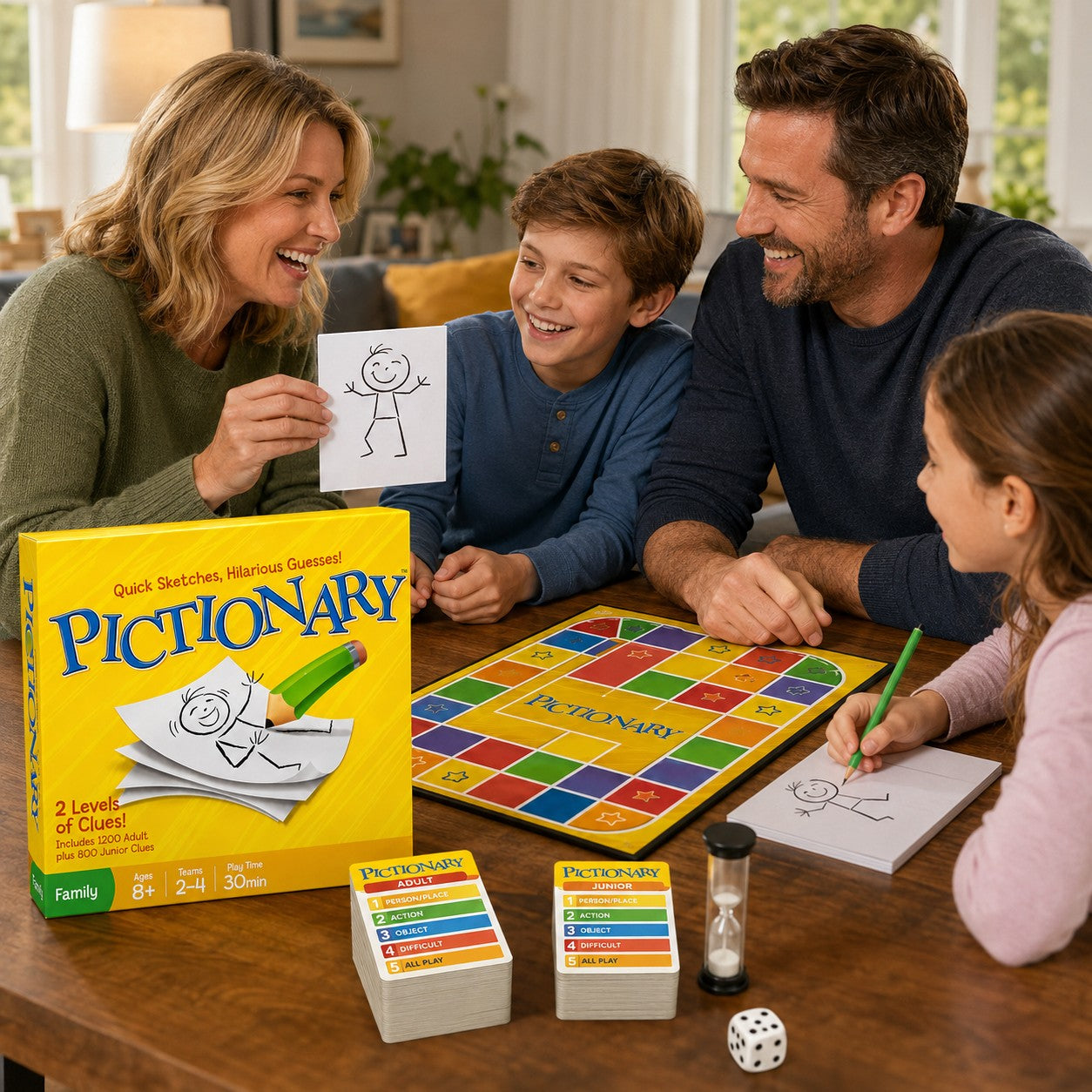 Tap2Own Pictionary Quick Sketches game with a family playing. A woman holds up a drawing of a stick figure.