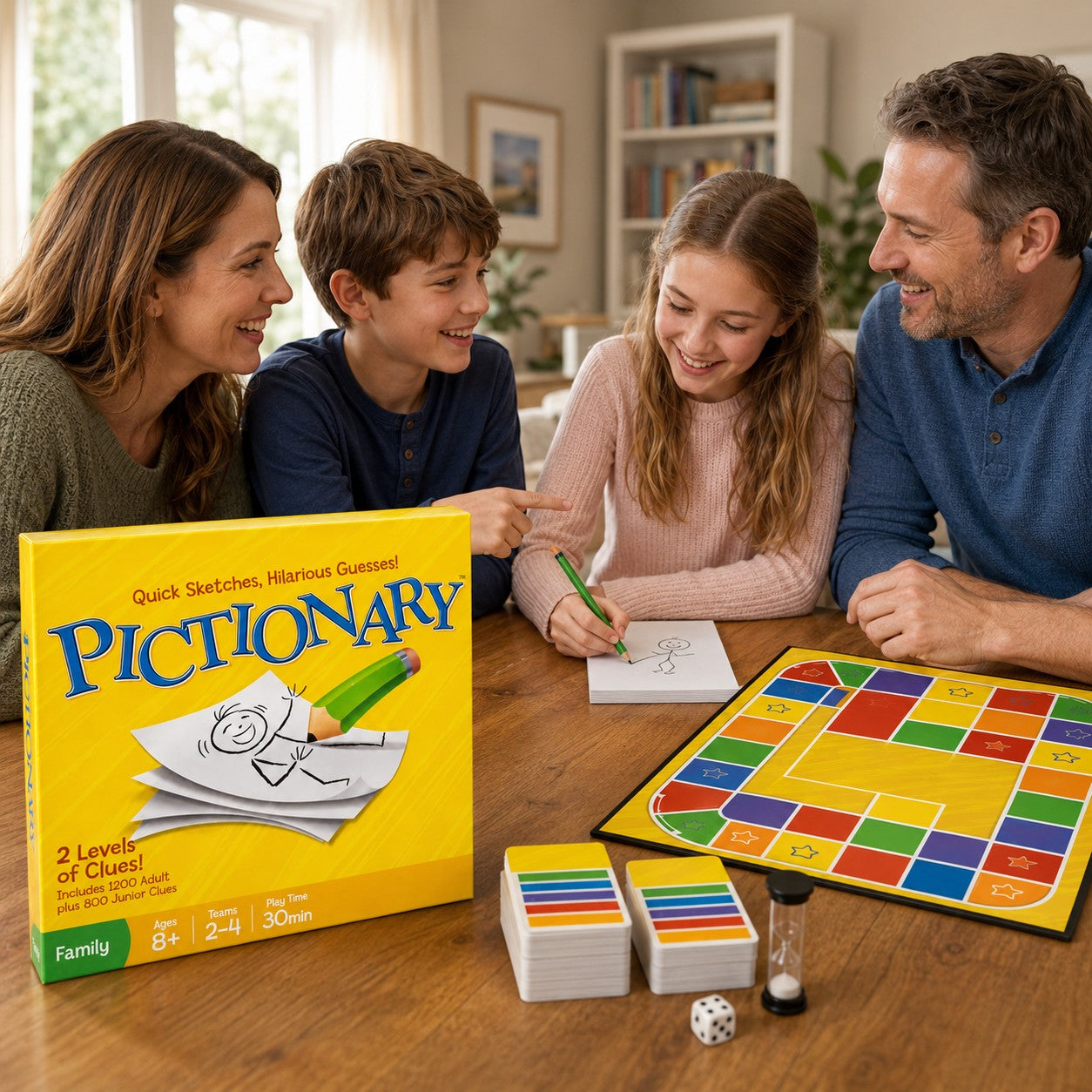 Tap2Own Pictionary Quick Sketches game box and board with a family playing. Features 2 levels of clues for ages 8+.