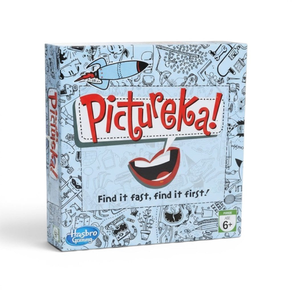 Tap2Own Pictureka! board game box featuring a blue rocket and a large mouth graphic. Find it fast, find it first!