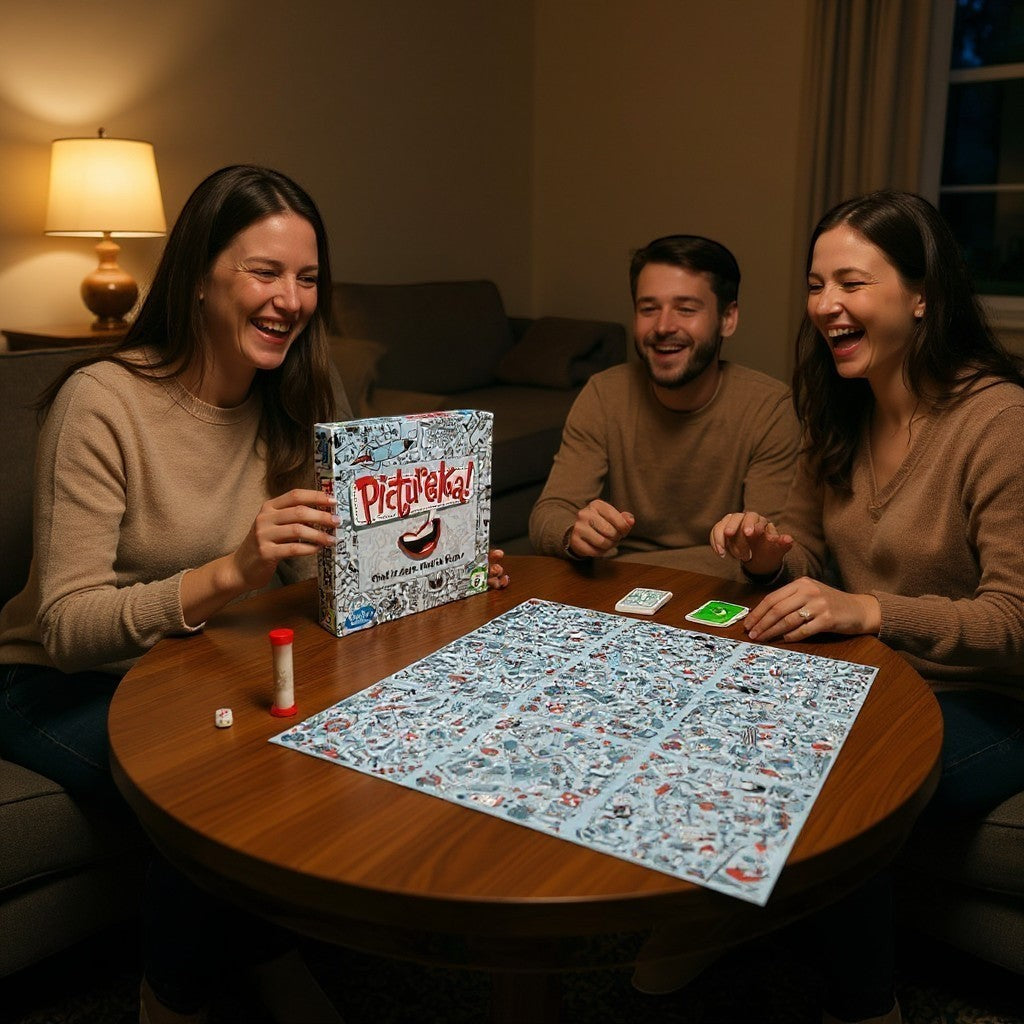 Tap2Own Pictureka! board game with a busy illustrated board and cards, played by three laughing adults.
