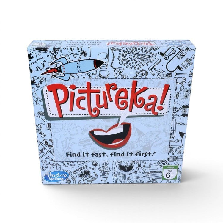 Tap2Own Pictureka! Find It Fast Find It First board game box, featuring a cartoon rocket and a large mouth graphic.