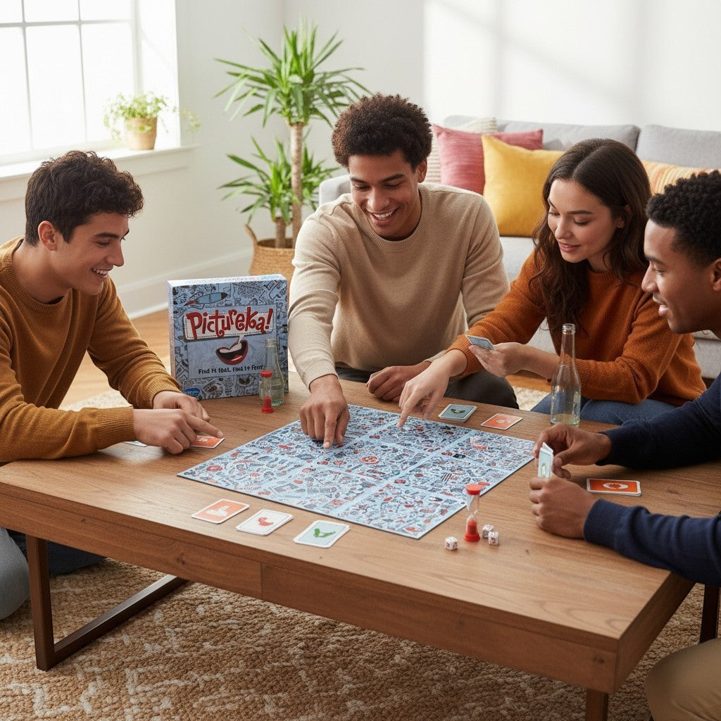 Tap2Own Pictureka! board game with search and find gameplay. Includes game board, cards, dice, and hourglass timer.