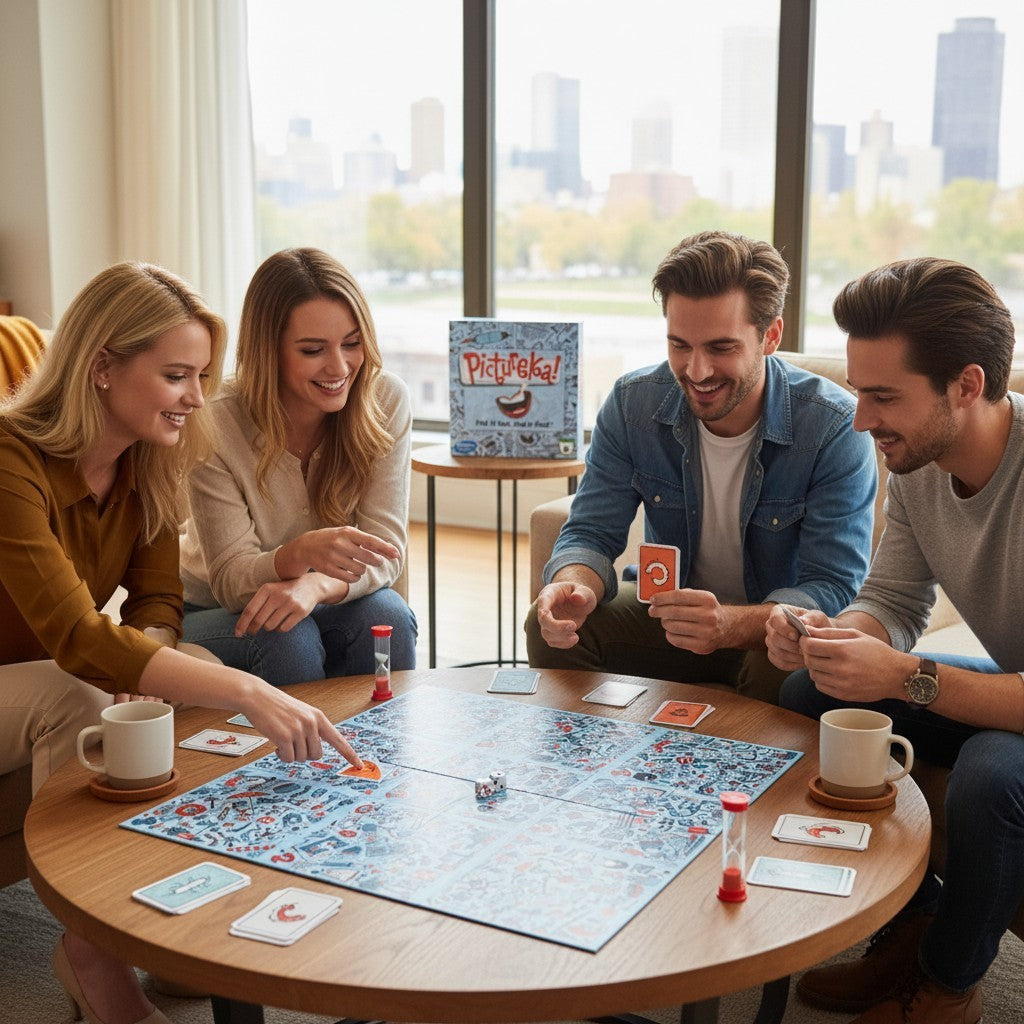 Tap2Own Pictureka! search and find board game with cards, dice, and hourglass timer. Blue game board features many small illustrations.