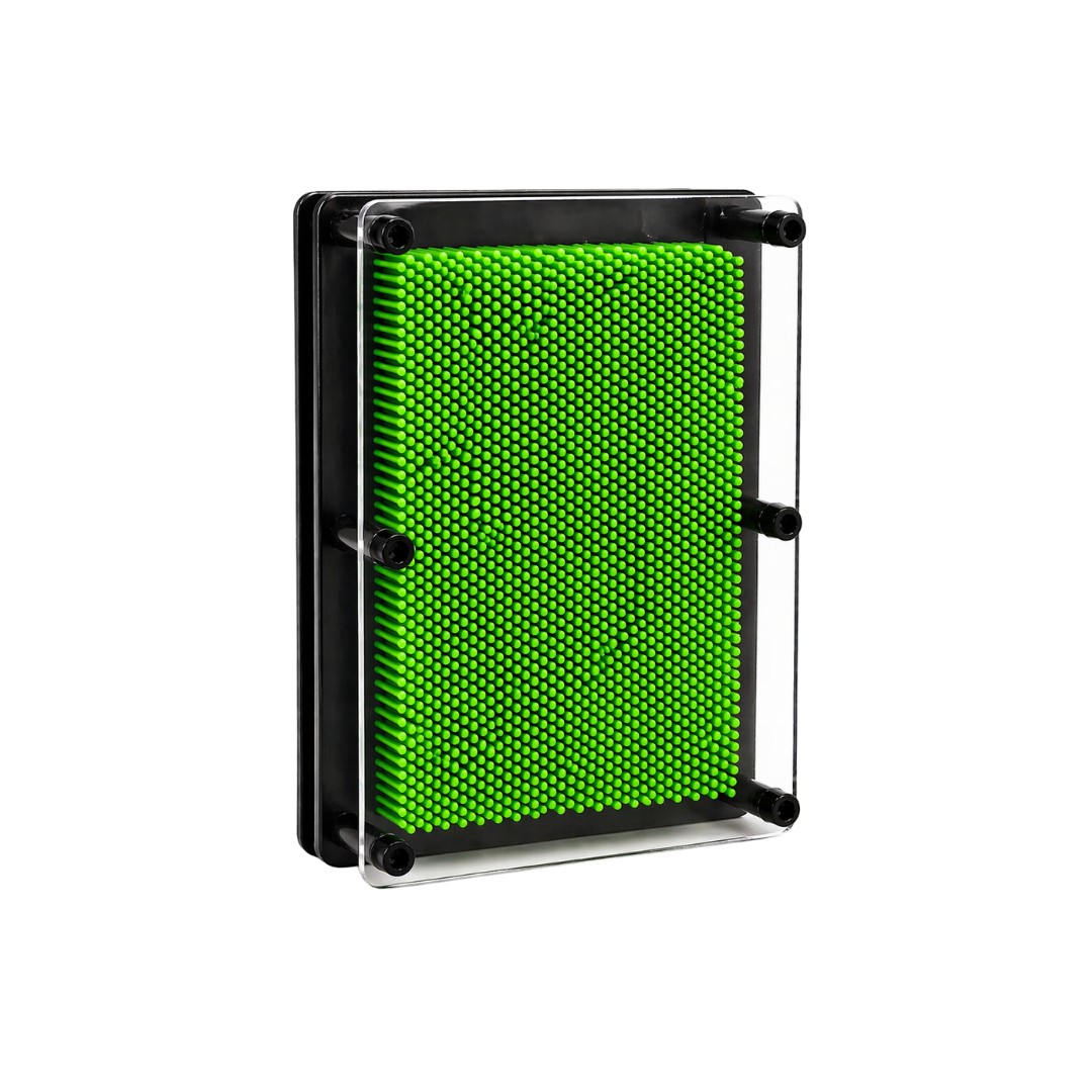 Tap2Own green pin art 3D impression toy with black frame, creates tactile 3D shapes.