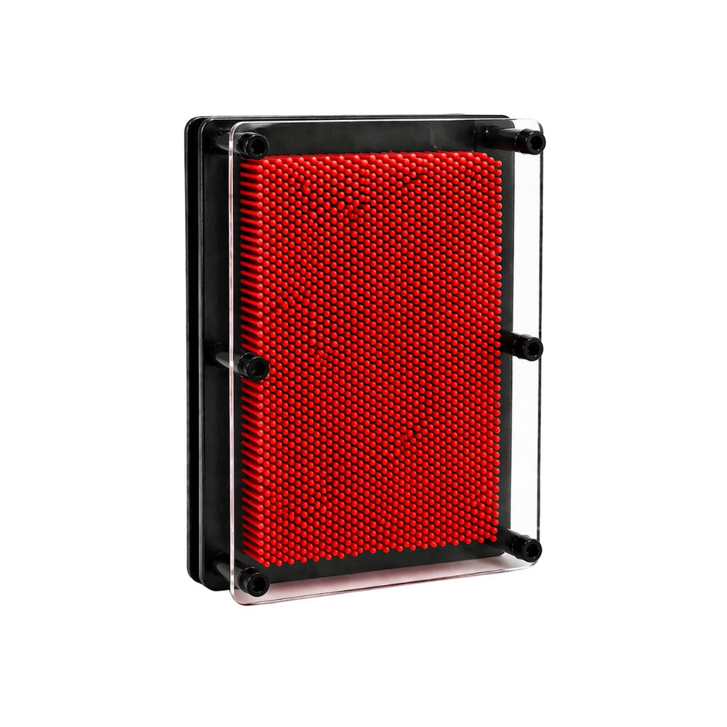 Tap2Own red plastic pin art 3D impression toy with black frame and clear acrylic backing. Classic desk toy for creating impressions.