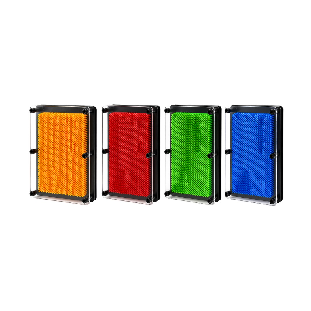 Tap2Own Pin Art 3D Impression Toy in orange, red, green, and blue. Classic desk toy for creating 3D impressions.