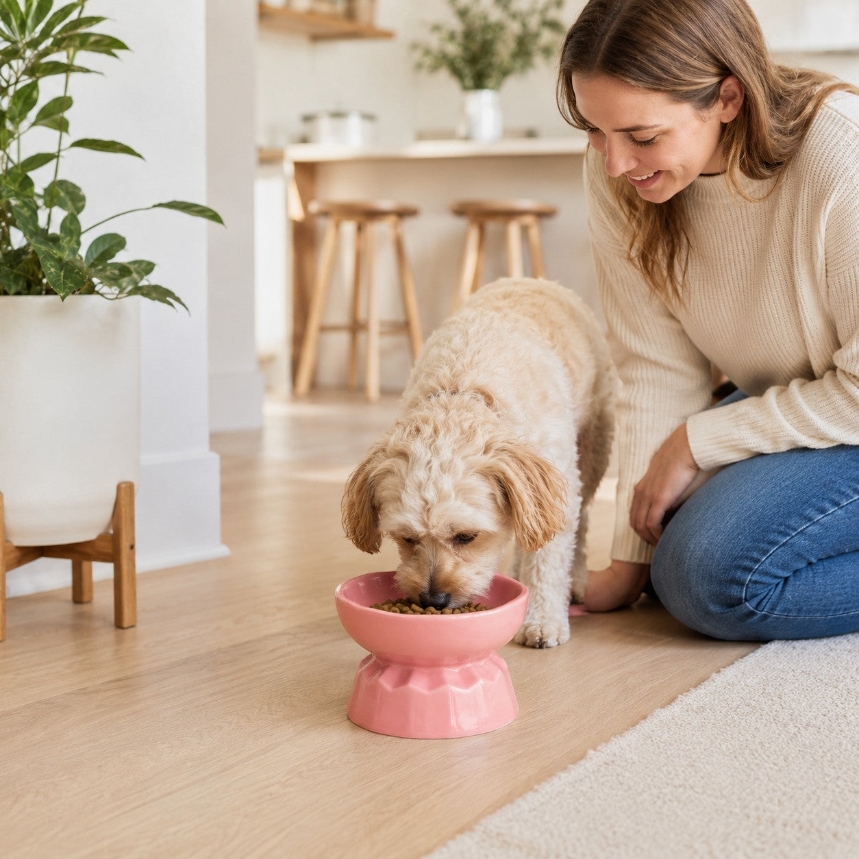 Tap2Own pink ceramic elevated pet food bowl with a textured base, used by a small dog.