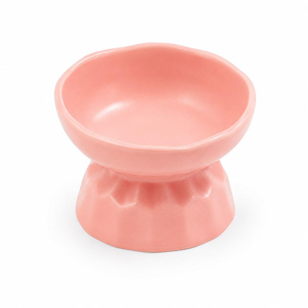 Tap2Own pink ceramic pet food bowl with raised base for healthier eating posture.