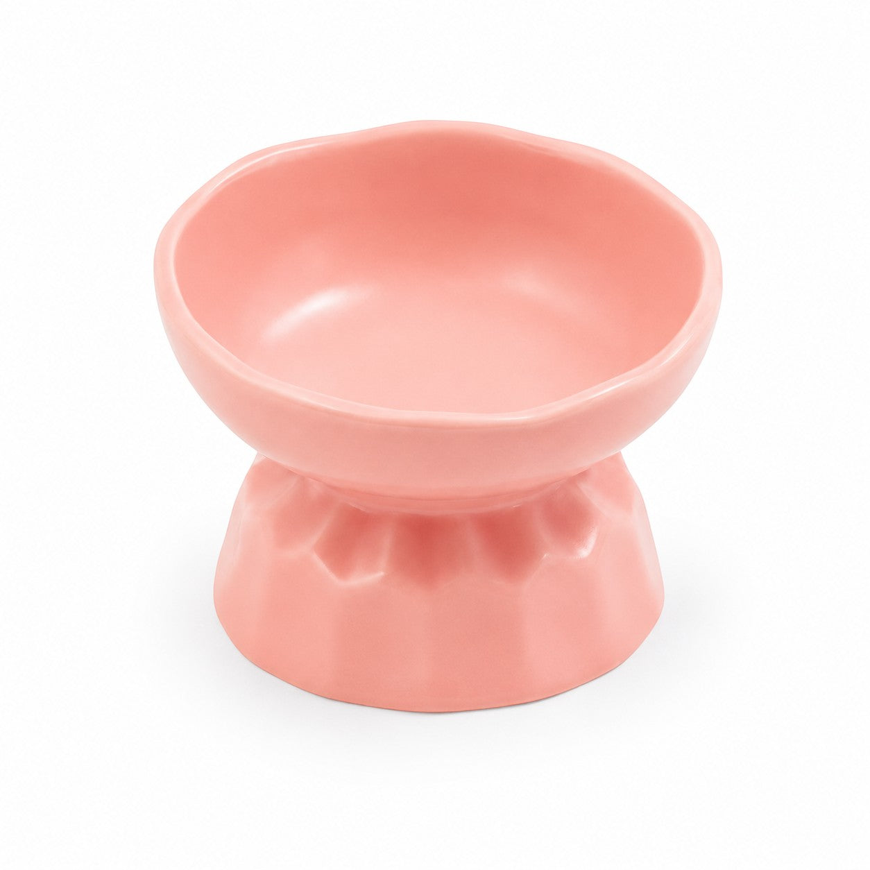 Tap2Own pink ceramic pet food bowl with raised base for healthier eating posture.