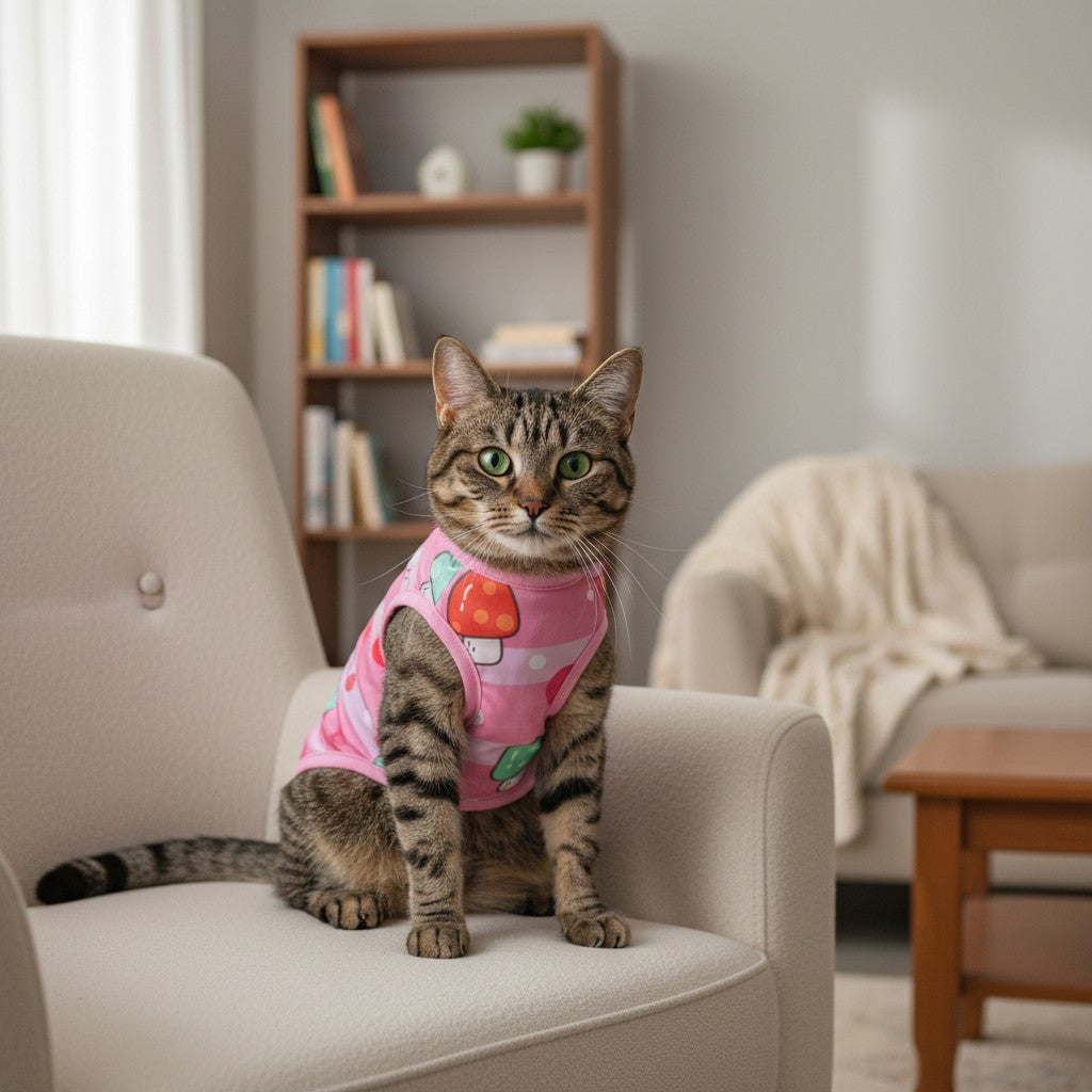 Tap2Own pink striped pet shirt with a mushroom and polka dot print. Sleeveless design with a rounded neckline.