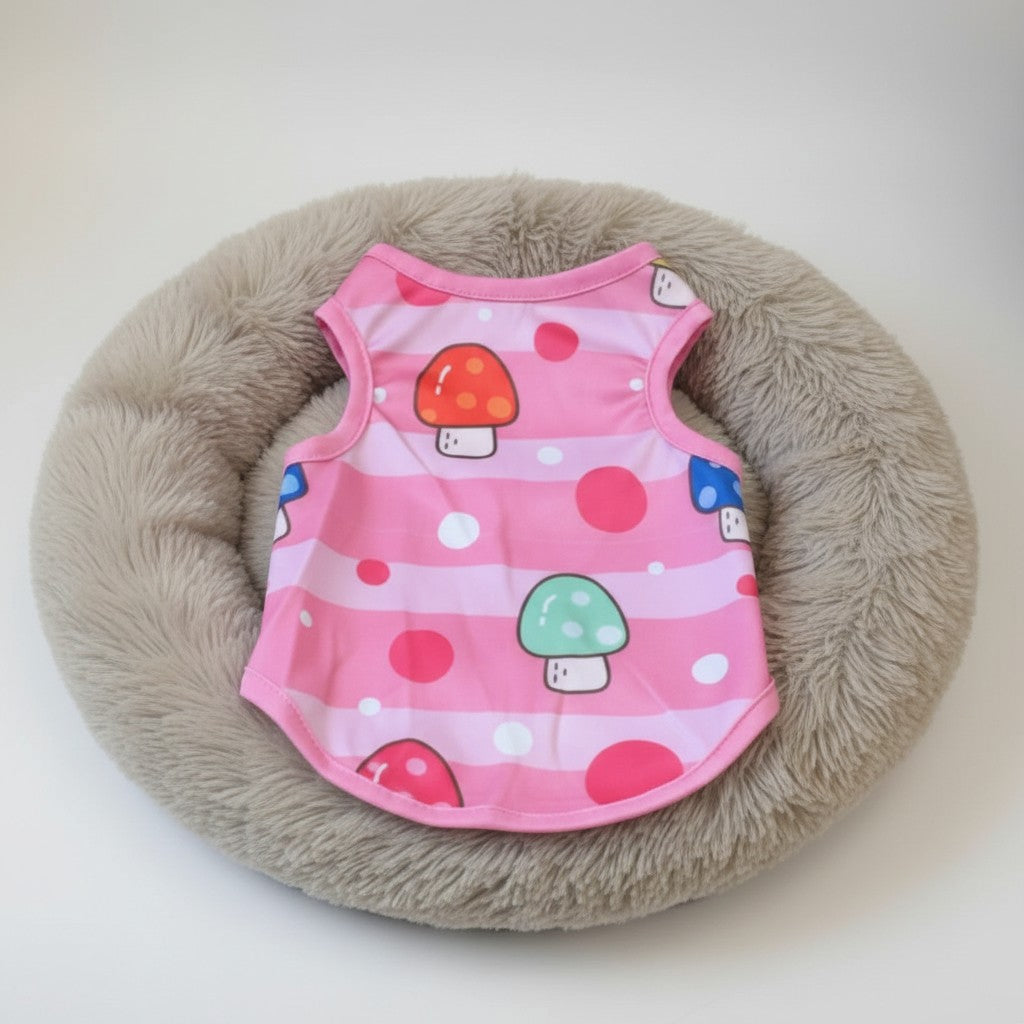 Tap2Own pink pet shirt with mushroom and polka dot pattern. Sleeveless design with rounded neckline.