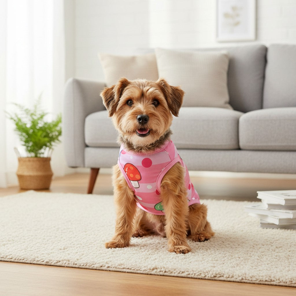 Tap2Own pink pet shirt with mushroom and polka dot print. Sleeveless design with crew neck.