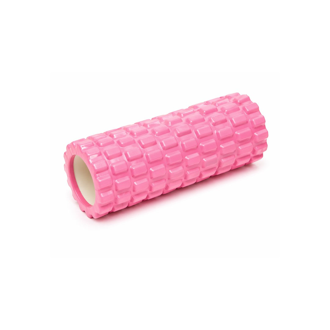Tap2Own pink textured foam massage roller with grid pattern for deep tissue massage and muscle recovery.