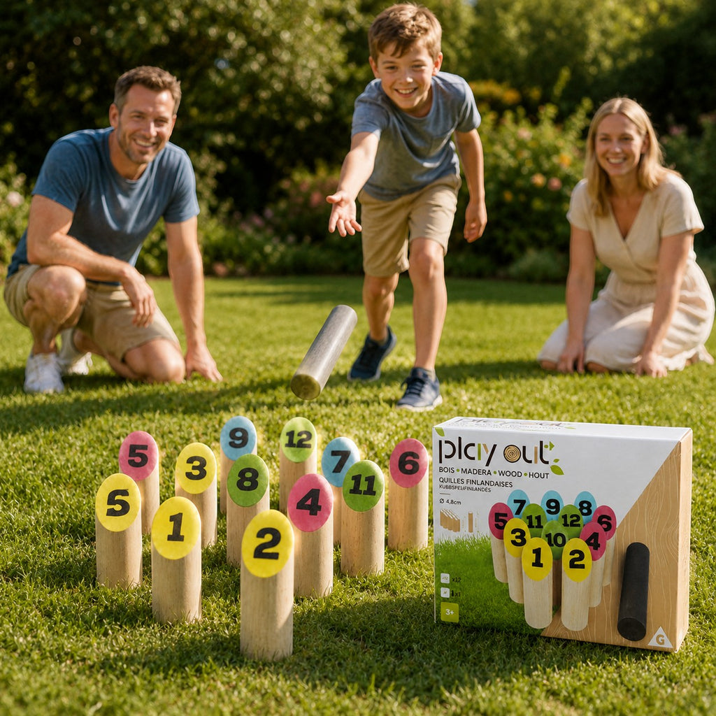 Tap2Own Playout wooden lawn bowling game set with 12 numbered pins and throwing baton on grass with family playing.