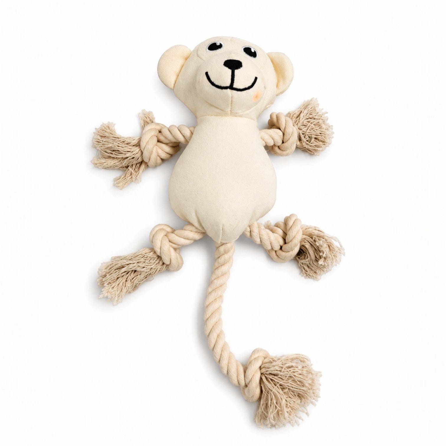 Tap2Own plush monkey dog toy with rope arms and legs, beige, for tugging and fetching.