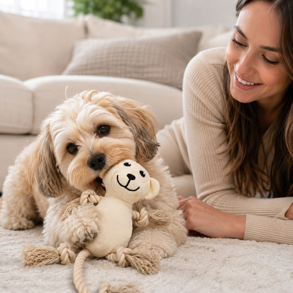 Tap2Own plush monkey dog toy with rope arms and legs, beige, for fetch and tug-of-war.