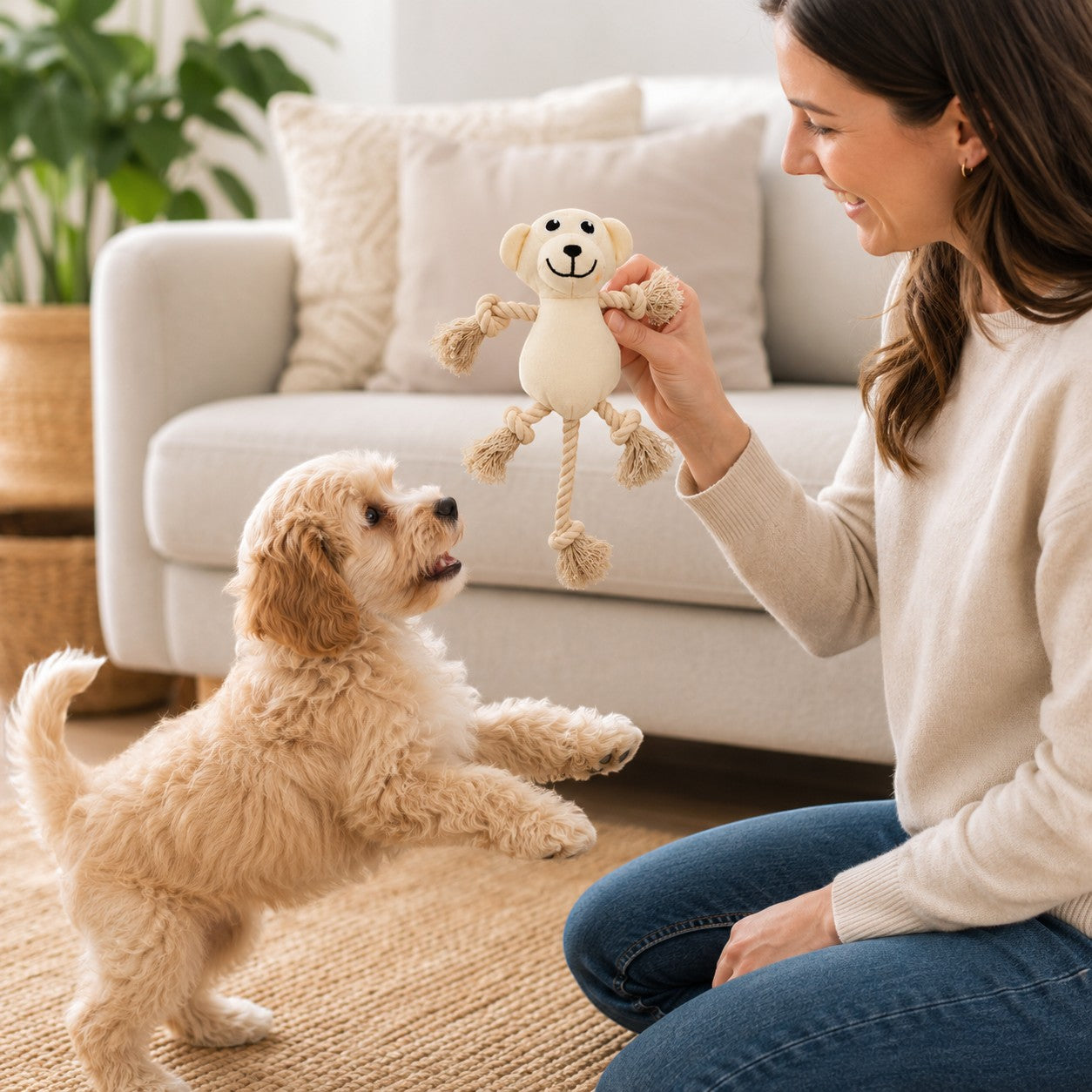 Tap2Own cream plush monkey dog toy with rope arms and legs, held by a woman playing with a puppy.