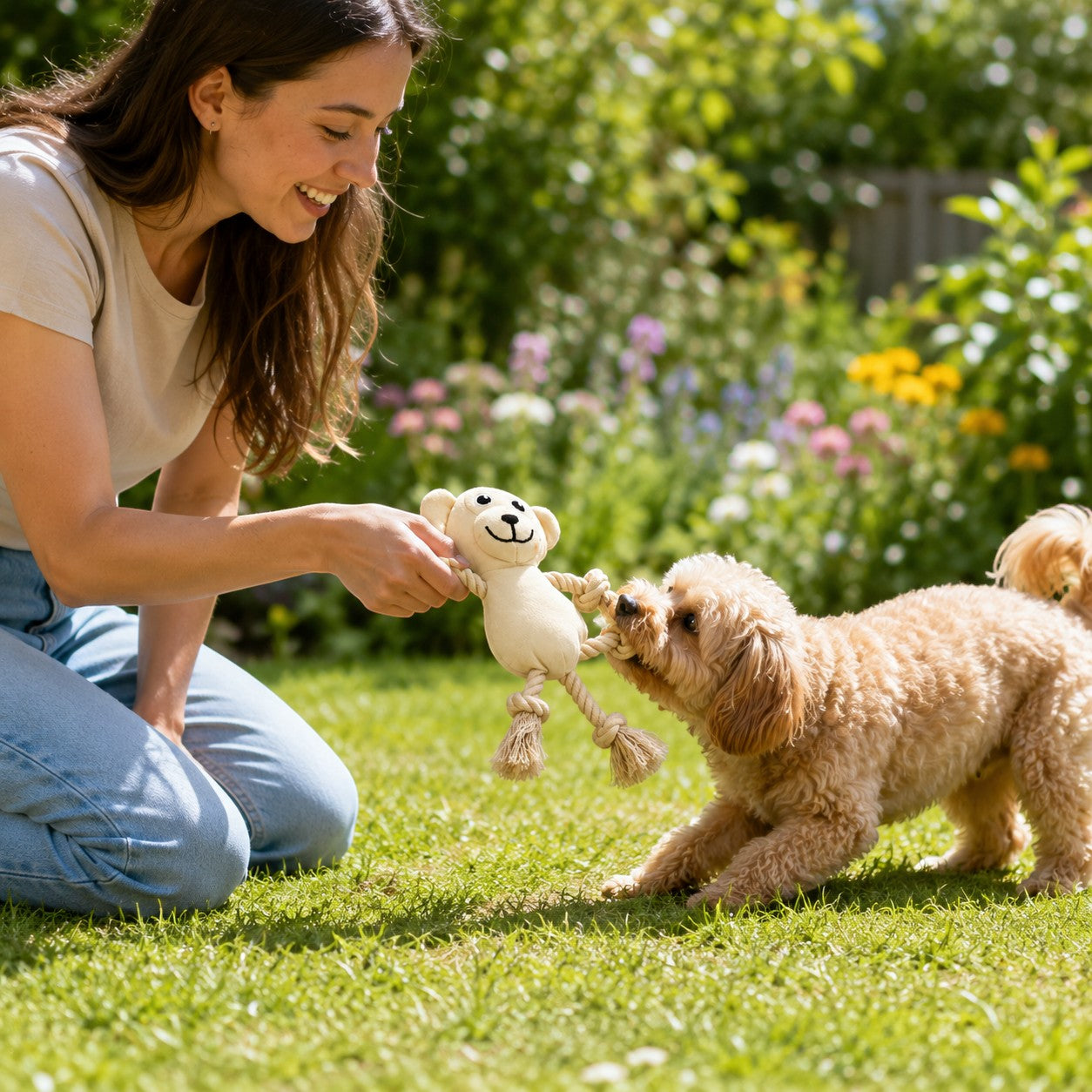 Tap2Own plush monkey dog toy with rope arms and legs, being played with by a dog in a garden.