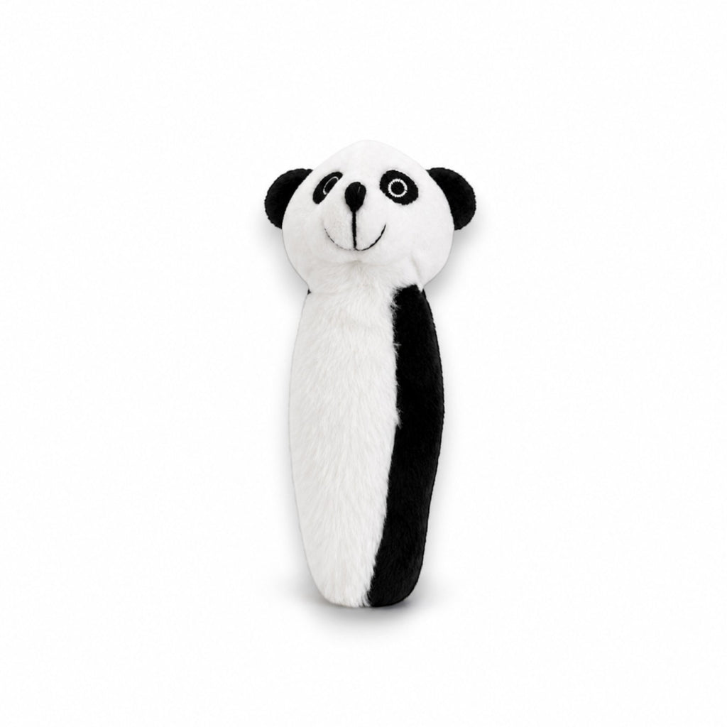 Tap2Own plush panda dog toy with black and white markings and embroidered face, perfect for interactive play.
