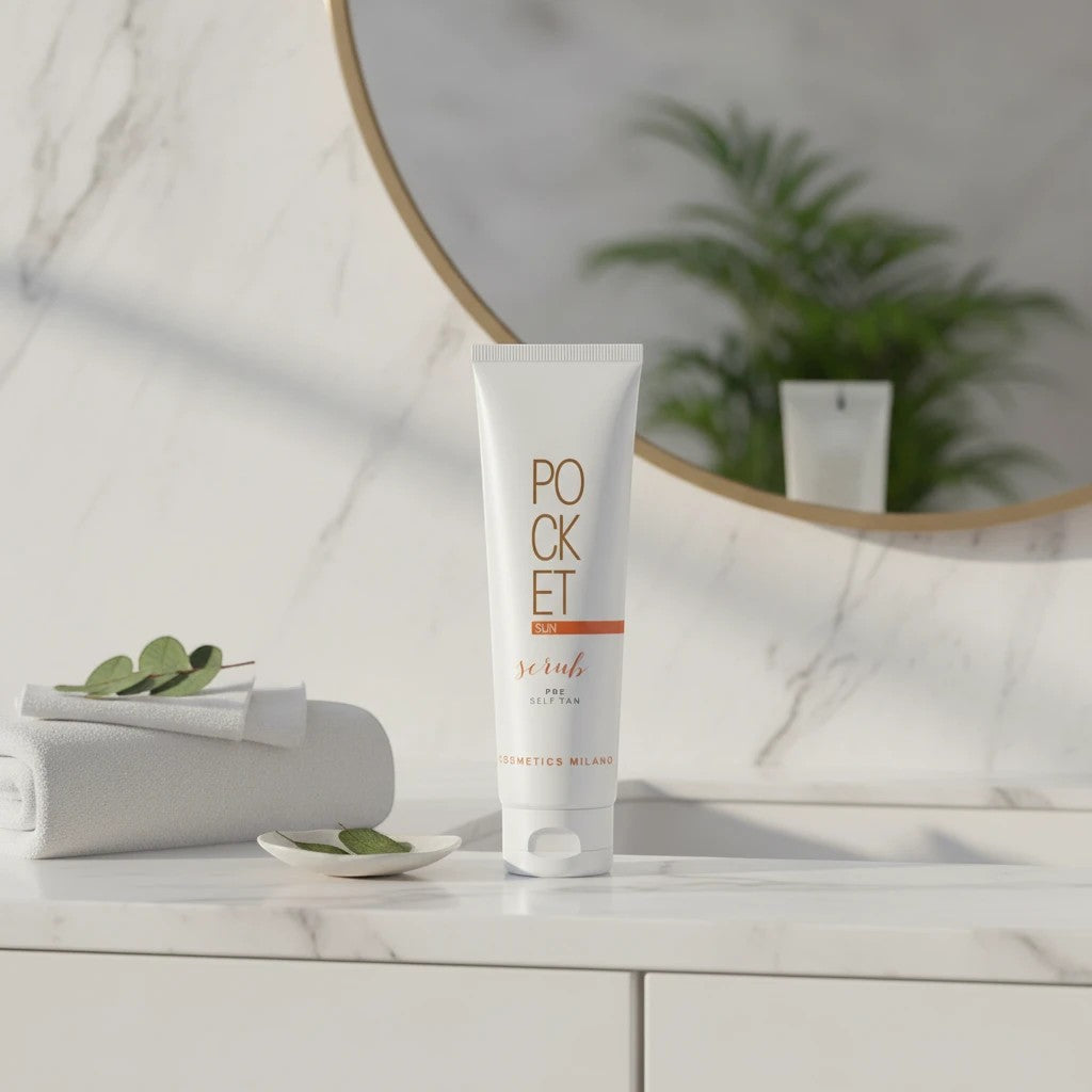 Tap2Own POCKET SUN exfoliating body scrub tube on a marble bathroom vanity with a towel and mirror reflection.