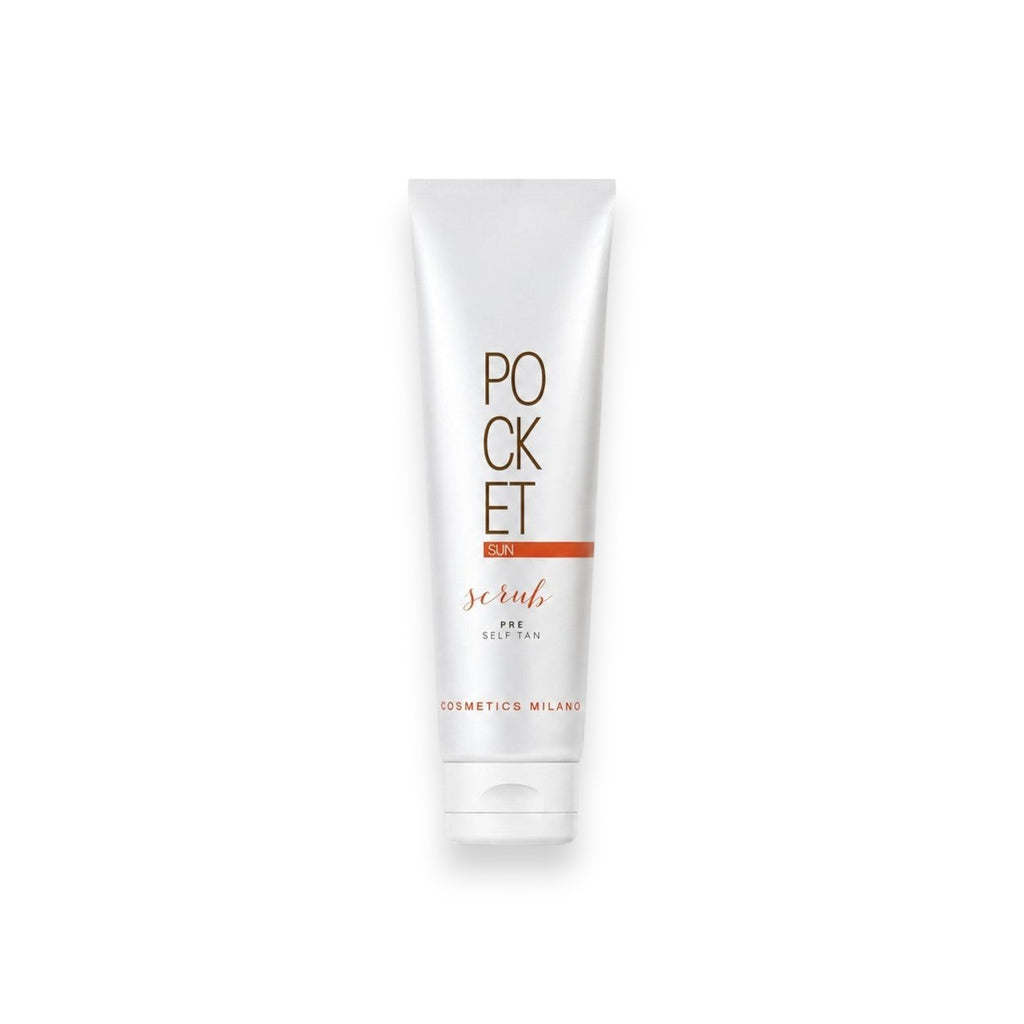 Tap2Own POCKET SUN Pre-Self Tan exfoliating body scrub in a white squeeze tube for smooth skin preparation.