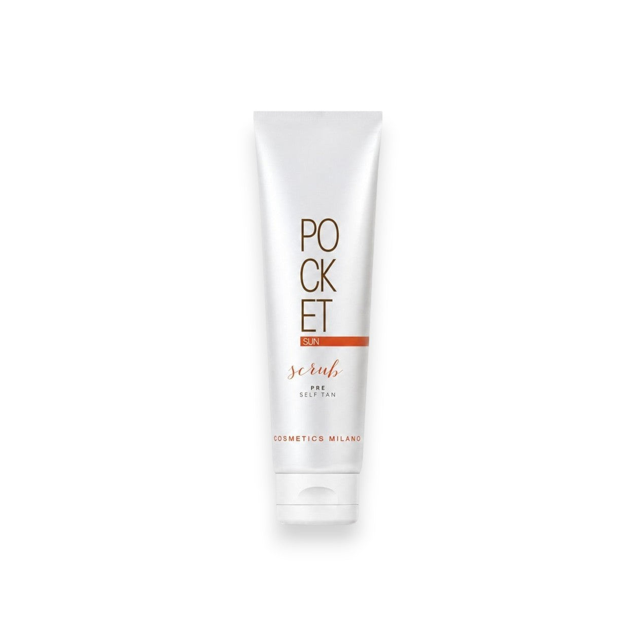 Tap2Own POCKET SUN Pre-Self Tan exfoliating body scrub in a white squeeze tube for smooth skin preparation.
