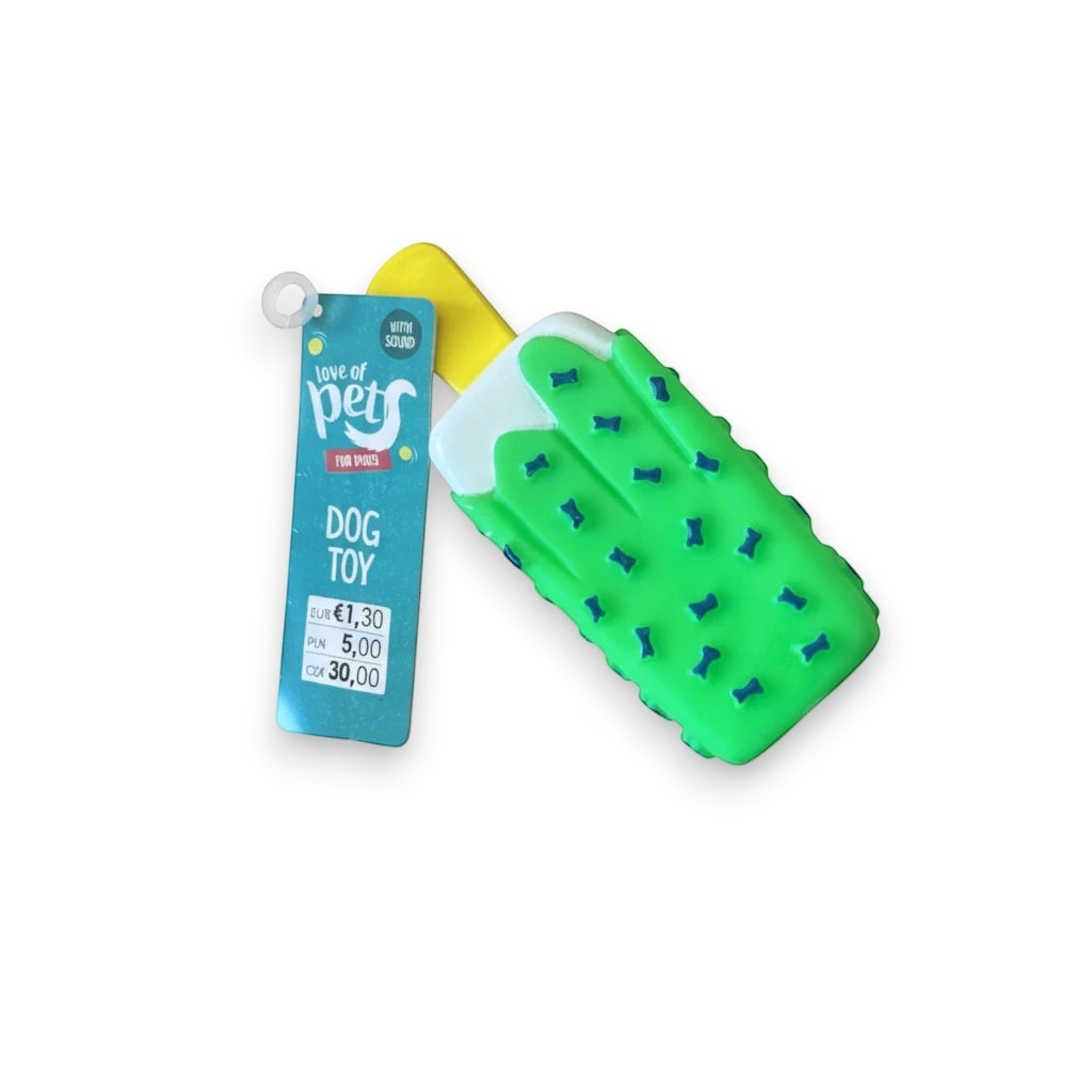 Tap2Own green popsicle dog toy with blue bone shapes and yellow handle. Features a textured surface and "with sound" tag.