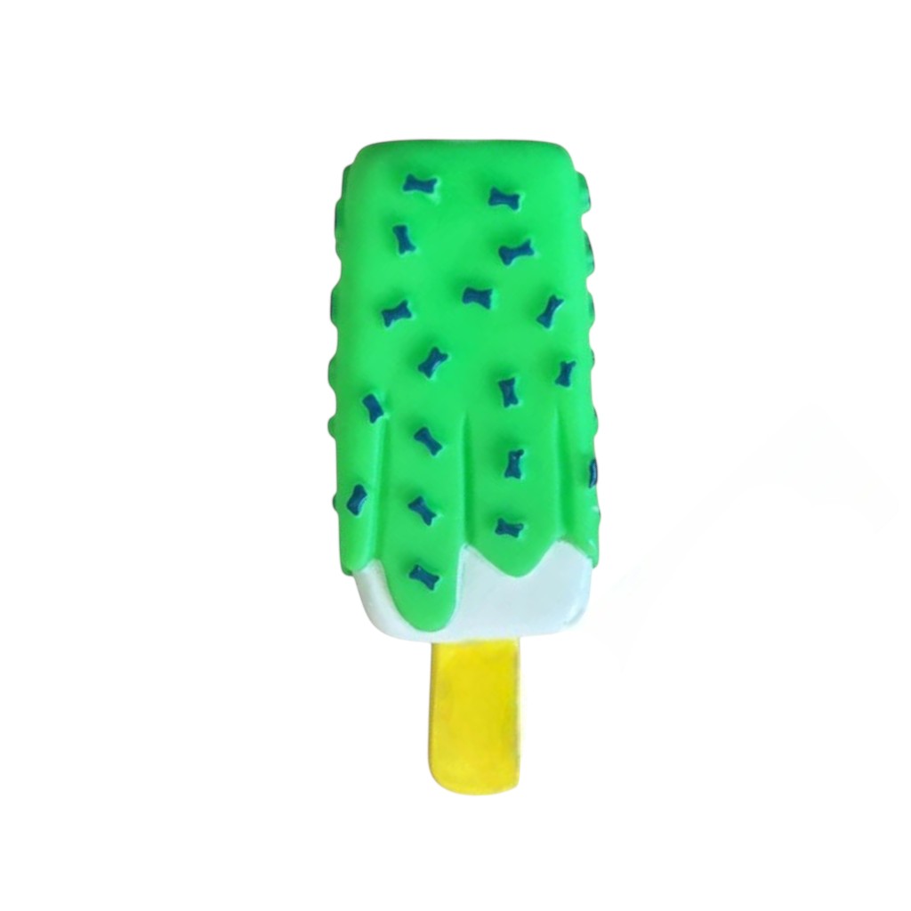 Tap2Own green popsicle dog toy with blue bone shapes and yellow handle, made of durable rubber for chewing and playing.
