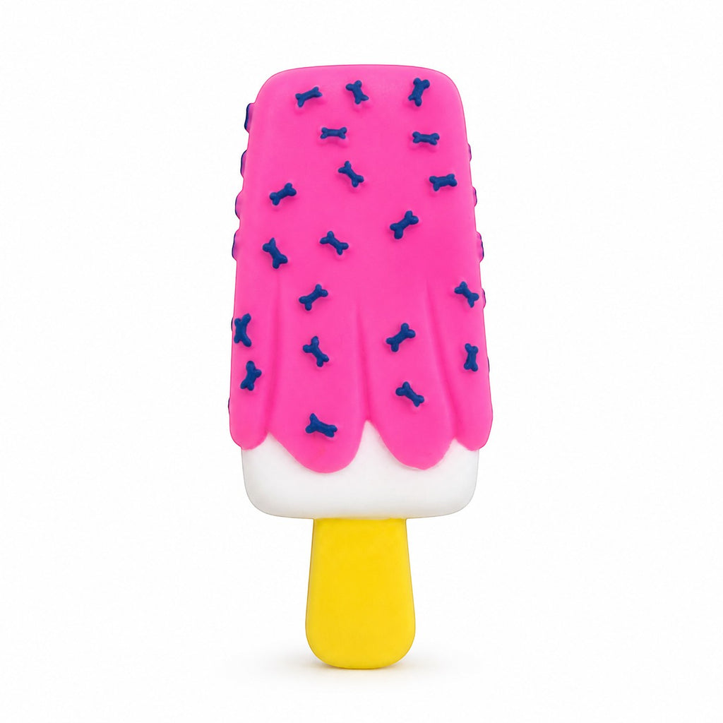 Tap2Own pink popsicle dog toy with blue bone details and yellow handle. Durable rubber for chewing and play.
