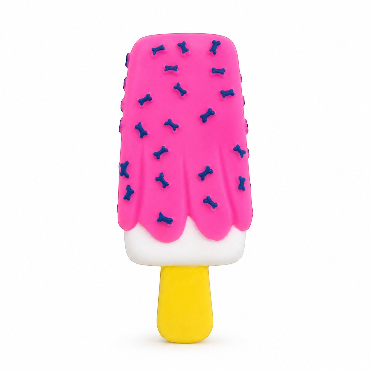 Tap2Own pink popsicle dog toy with blue bone details and yellow handle. Durable rubber for chewing and play.