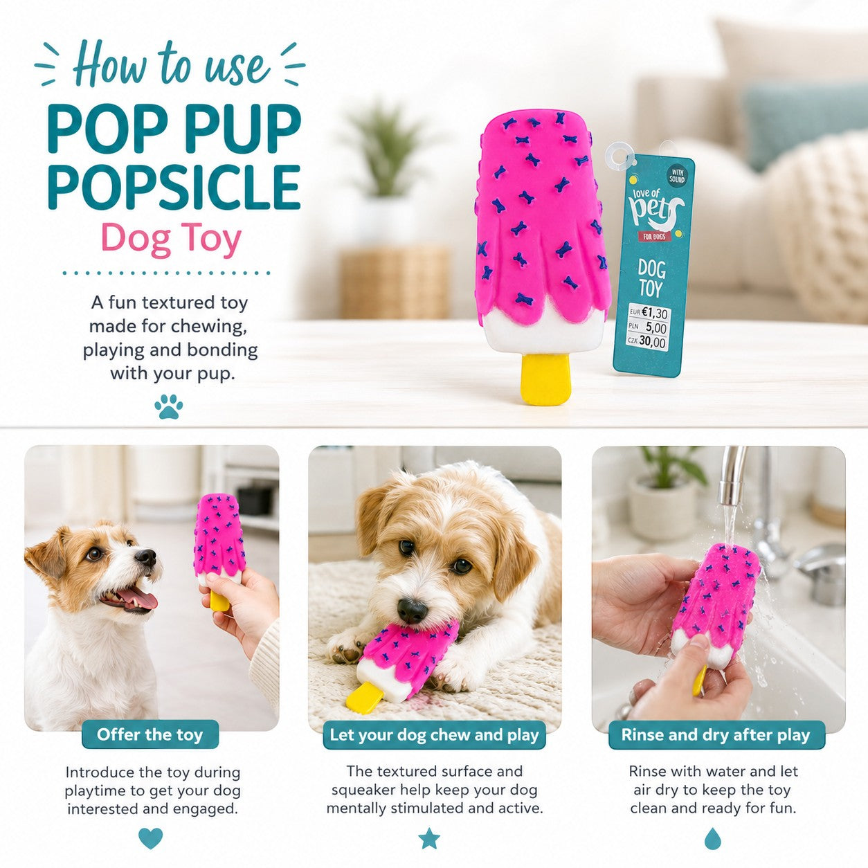 Tap2Own pink popsicle dog toy with blue bone shapes and yellow handle, textured rubber for chewing and play.