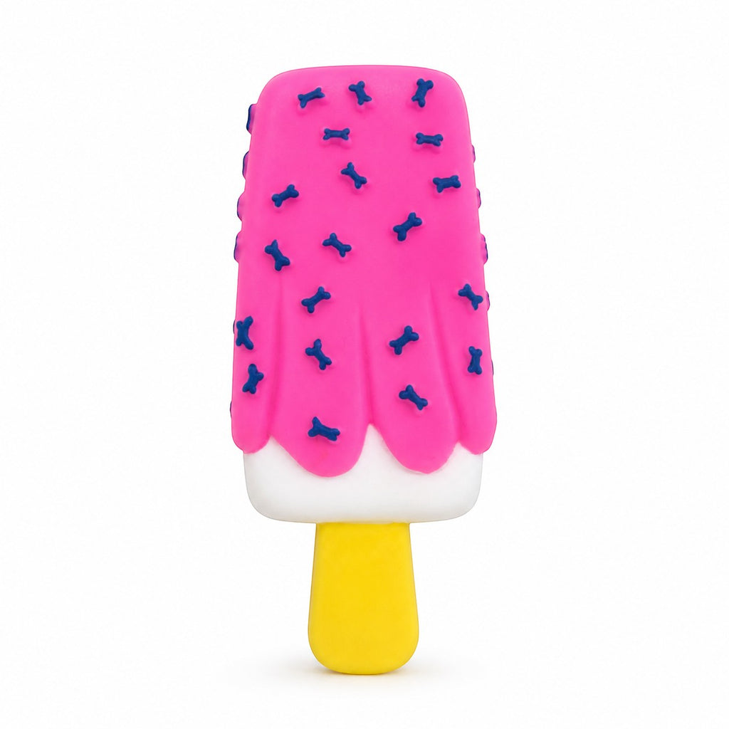 Tap2Own pink popsicle dog toy with blue bone details and yellow handle. Durable rubber for chewing and play.