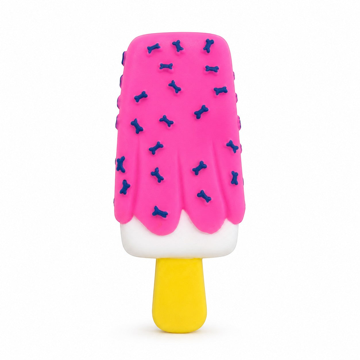 Tap2Own pink popsicle dog toy with blue bone details and yellow handle. Durable rubber for chewing and play.
