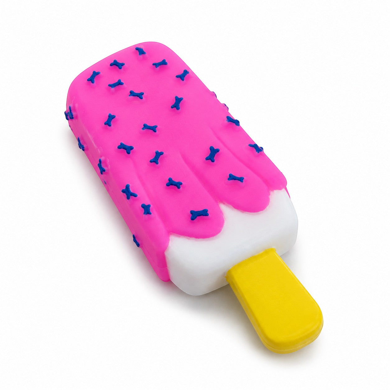 Tap2Own pink popsicle dog toy with white ice cream top and yellow handle, decorated with blue bone shapes.