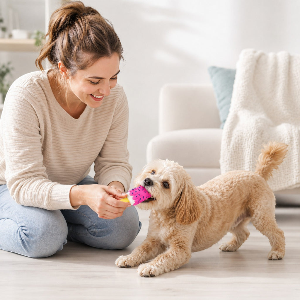 Tap2Own pink popsicle dog toy with yellow handle, textured with blue bone shapes, being played with by a woman and a dog.
