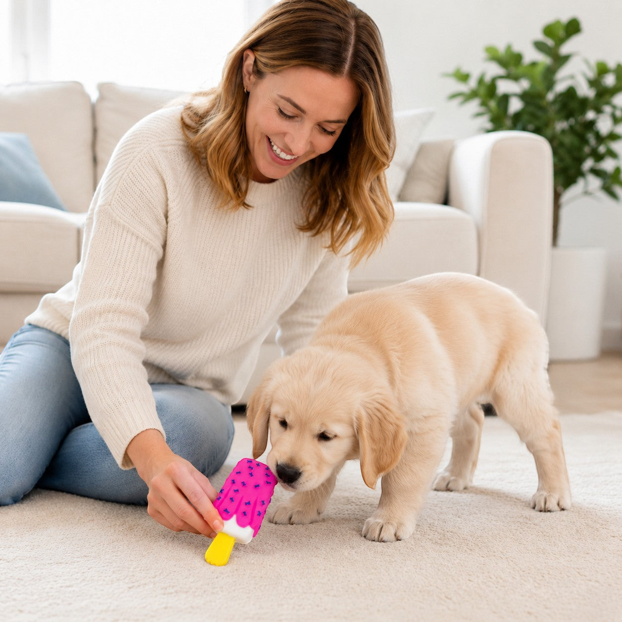 Tap2Own pink popsicle dog toy with yellow handle, textured with blue bone shapes, for chewing and playing.