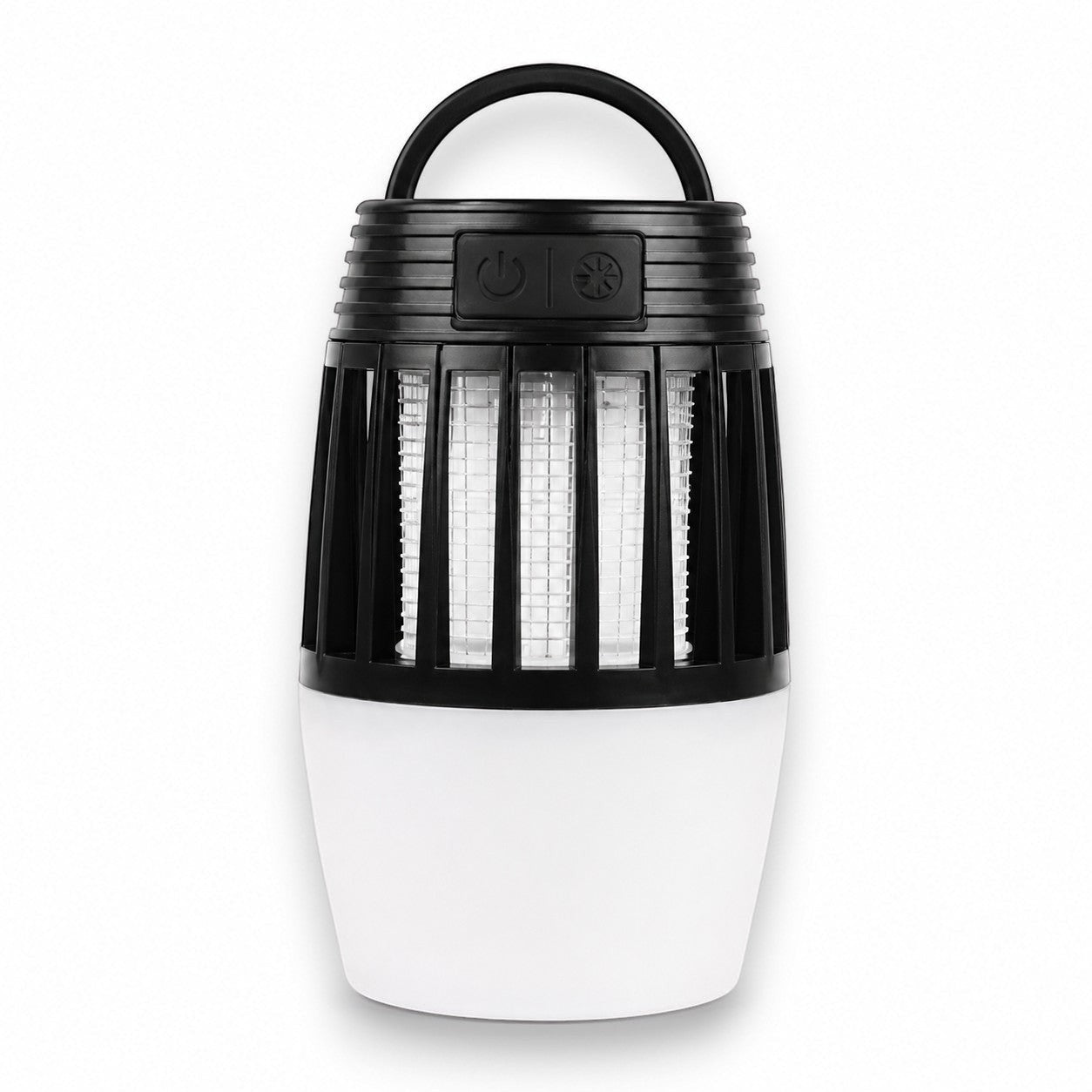 Tap2Own portable electric insect zapper and ambient lantern with a black top handle and white base on white background