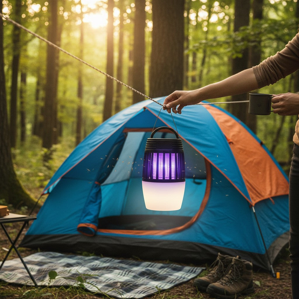 Tap2Own portable electric insect zapper and ambient lantern hanging by a blue and orange tent in a forest campsite.