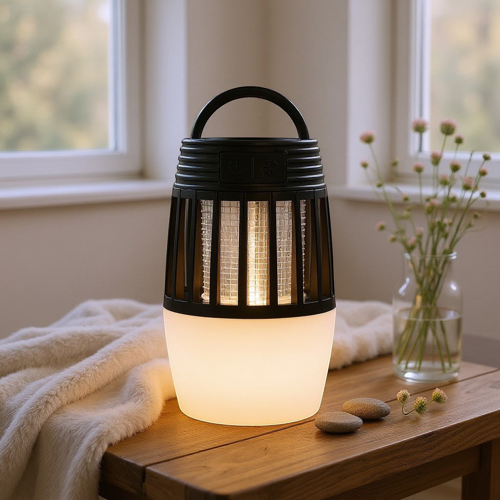 Tap2Own portable electric insect zapper and ambient lantern with a warm glow on a wooden table.