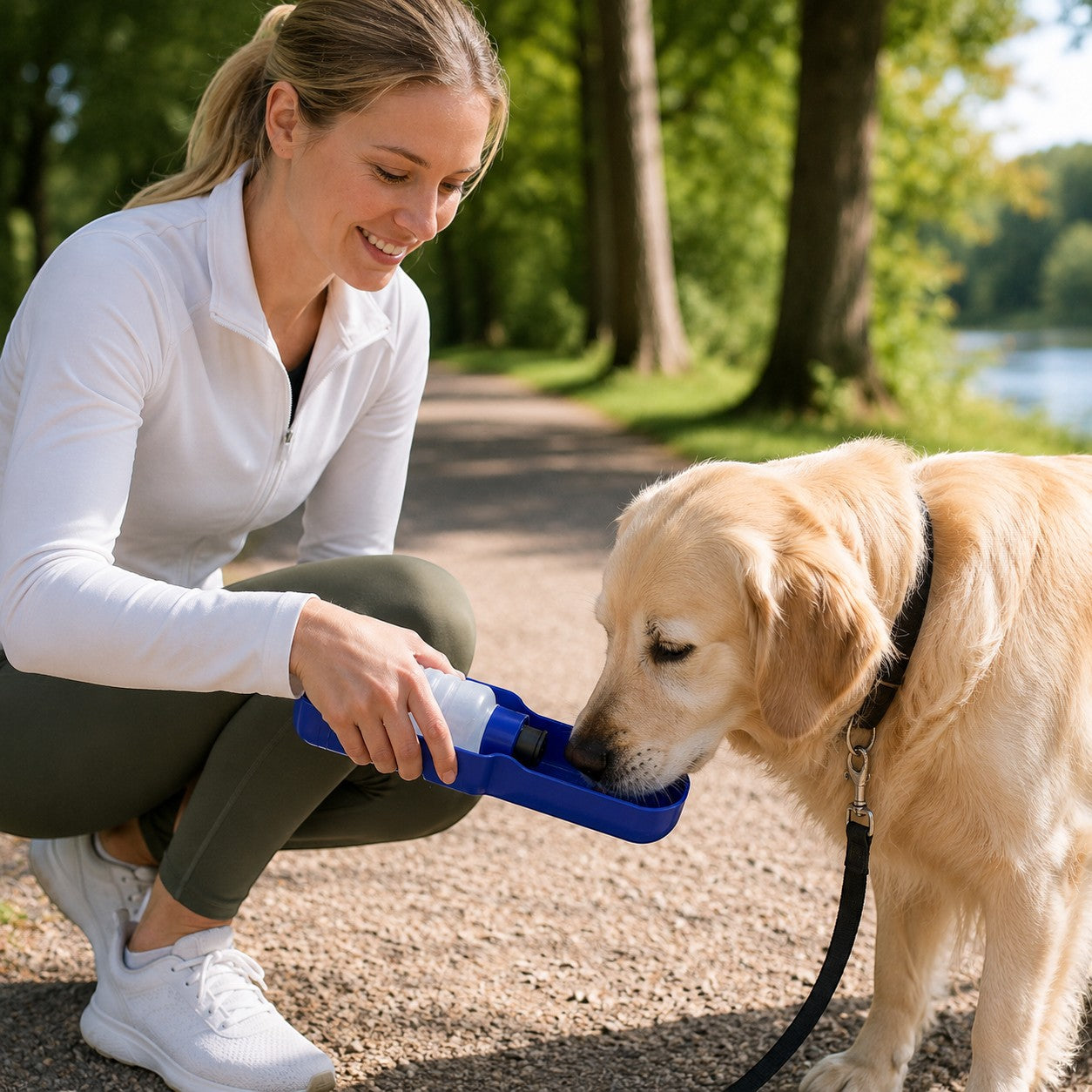 Tap2Own blue portable pet water bottle with built-in trough, used by a woman for her golden retriever on a walk.